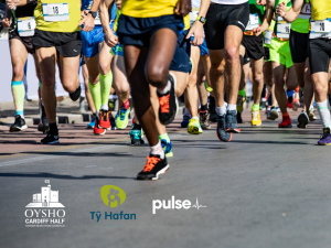 Image of runners with Cardiff half marathon, Pulse and Ty Hafan logos