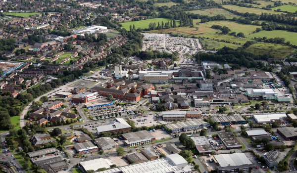 Aerial image of Wythenshawe Hospital and the surrounding area