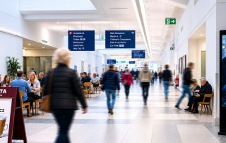 Image of busy hospital foyer with coffee shop