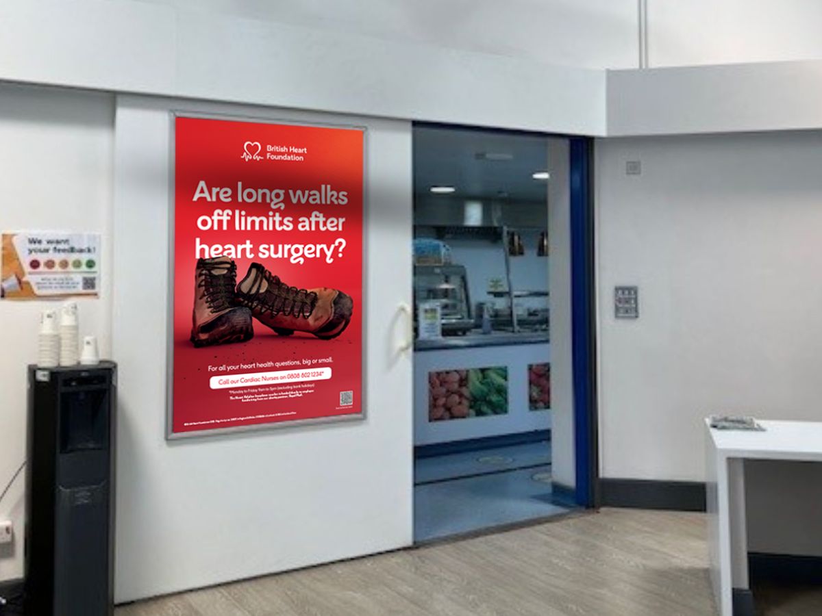Image of British Heart Foundation campaign on poster advert in hospital