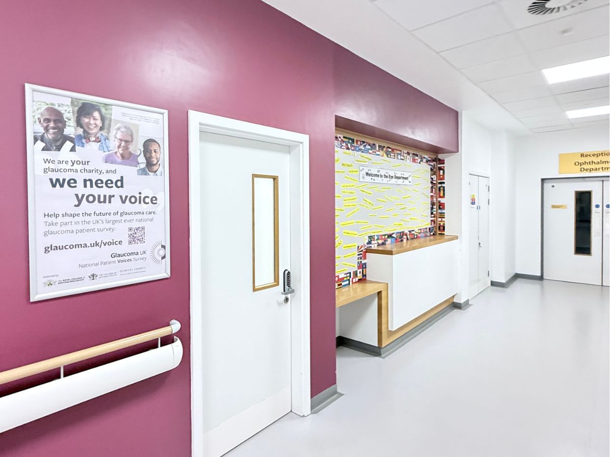 Image of a poster with Glaucoma UK campaign in hospital corridor