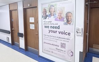 Image of a poster with Glaucoma UK campaign in hospital corridor