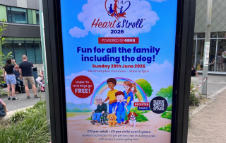 Image of a digital screen promoting the Heart & Stroll 2026 event