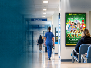 Image of a digital screen in hospital waiting room advertising a panto